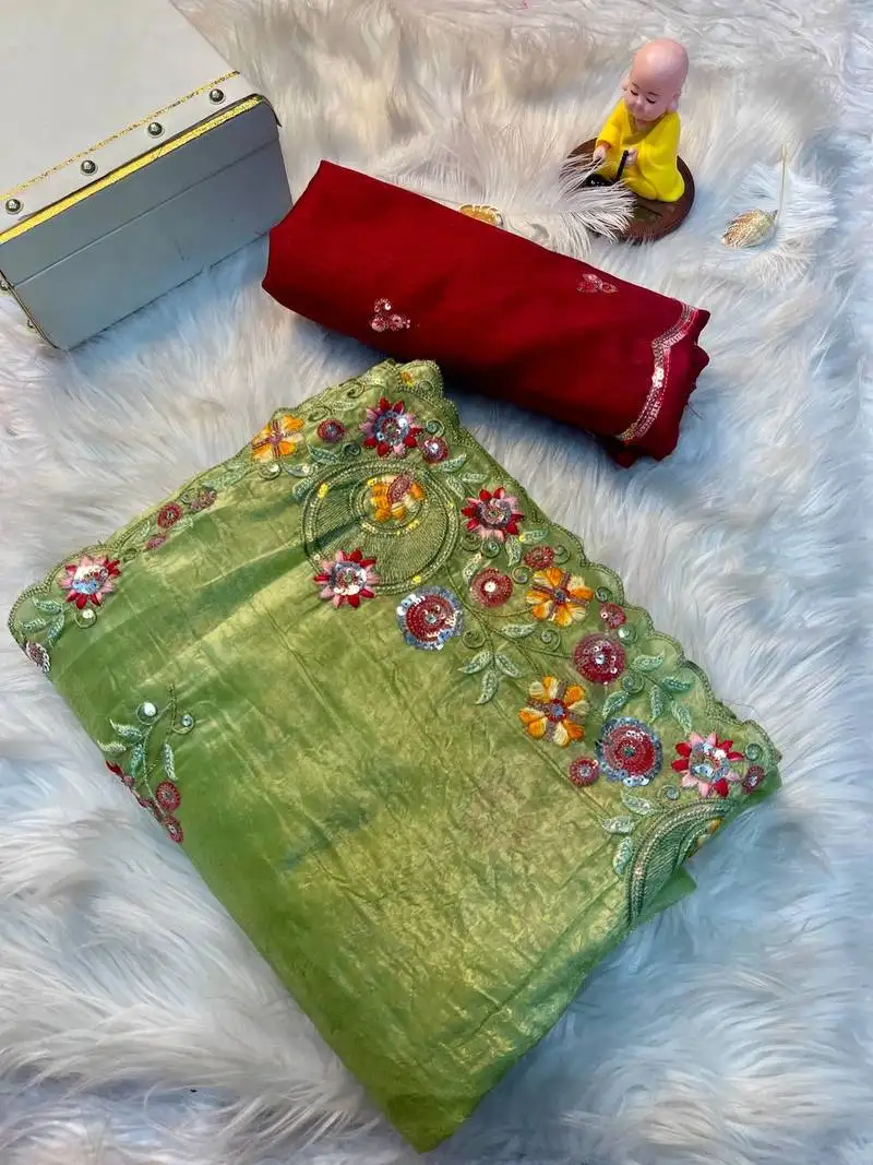 Green gold crush multi thread sequins work saree