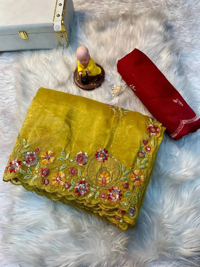 Yellow gold crush multi thread sequins work saree