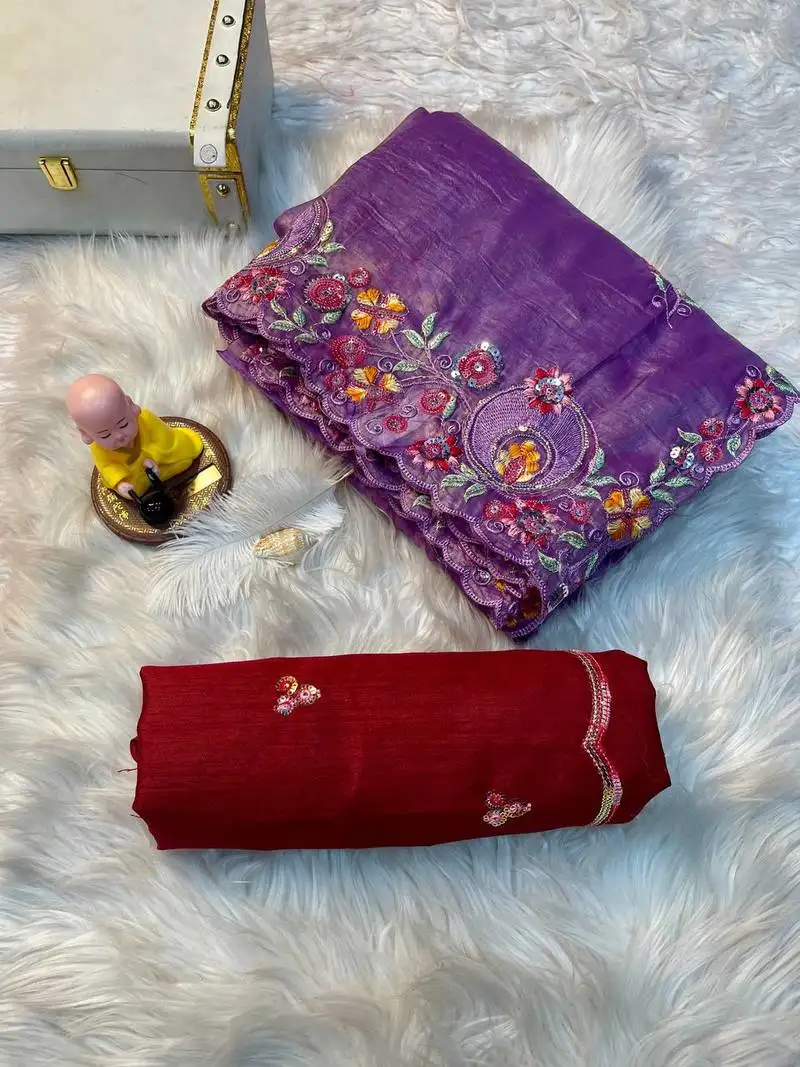 Purple gold crush multi thread sequins work saree