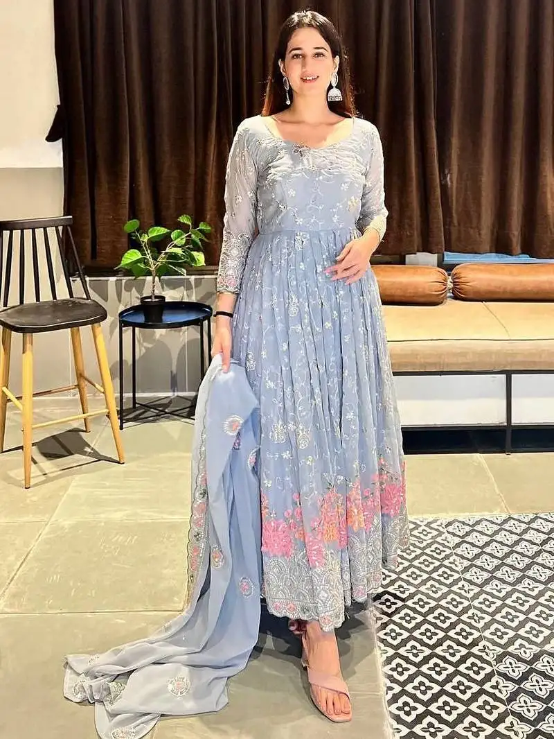 Grey heavy faux georgette embroidry party wear suit set stitched