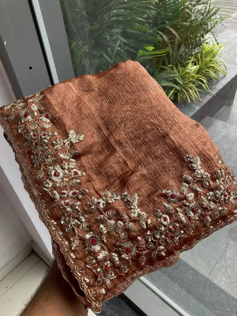 brown chiffon thread sequin work saree with blouse