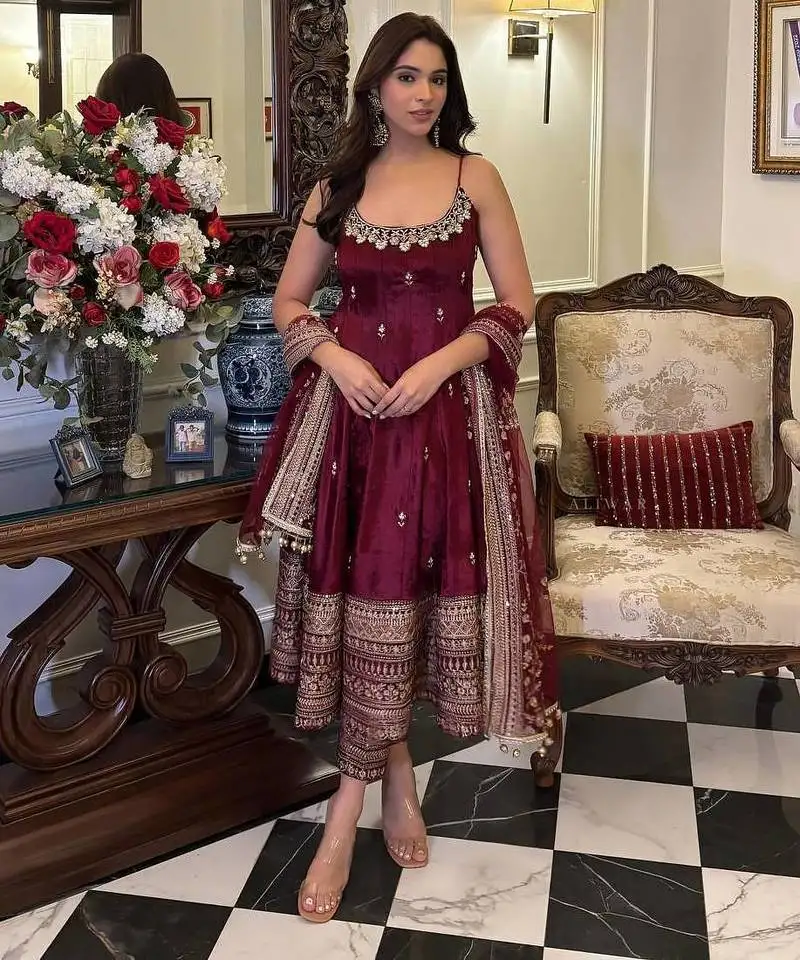 Maroon vichitra silk embroidery party wear anarkali suit set stitched
