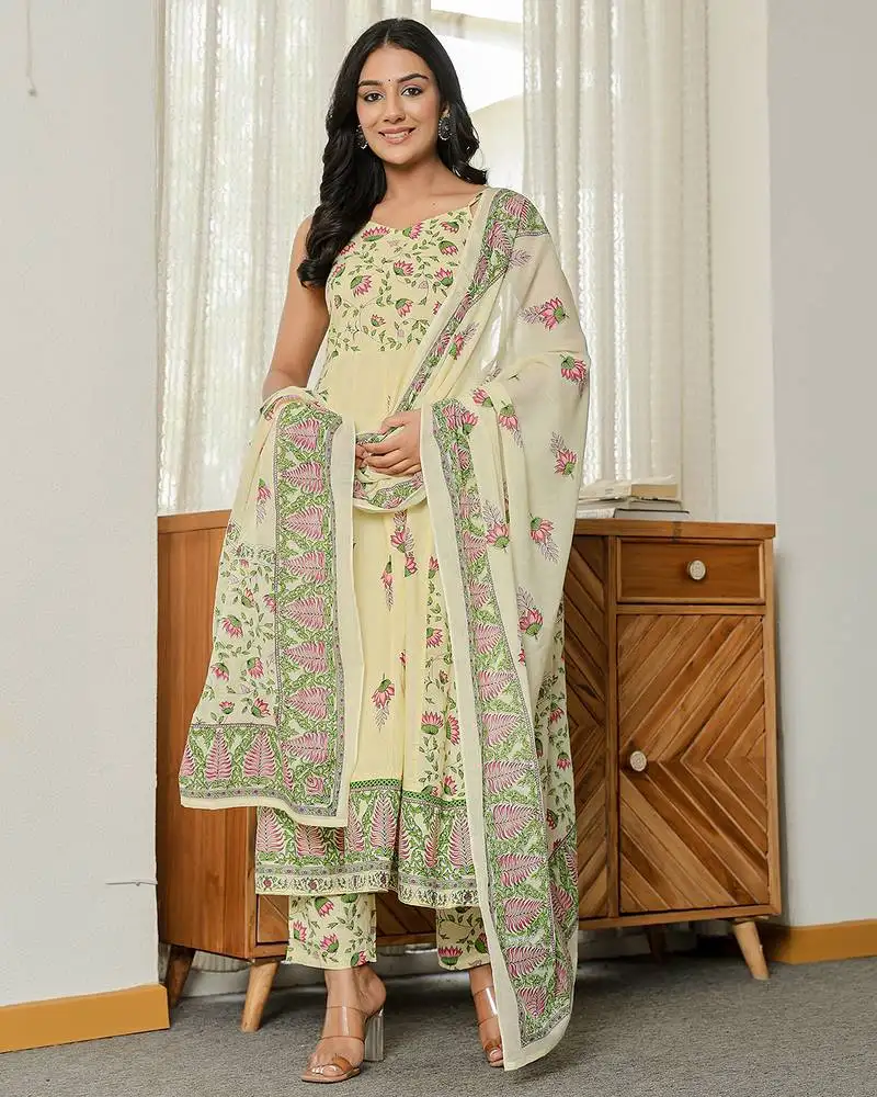 Yellow cotton straight sleeveless strappy kurta dupatta set