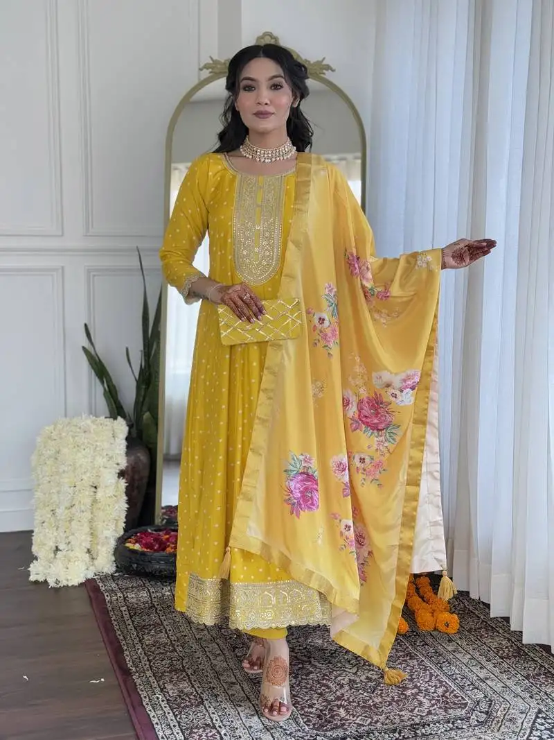 Women's beautiful art silk embroidered flared kurta with pant and dupatta set