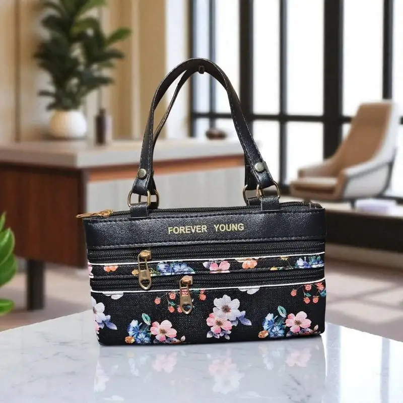 Forever young maroon floral pu leather women’s handbag – stylish shoulder bag with dual zippers