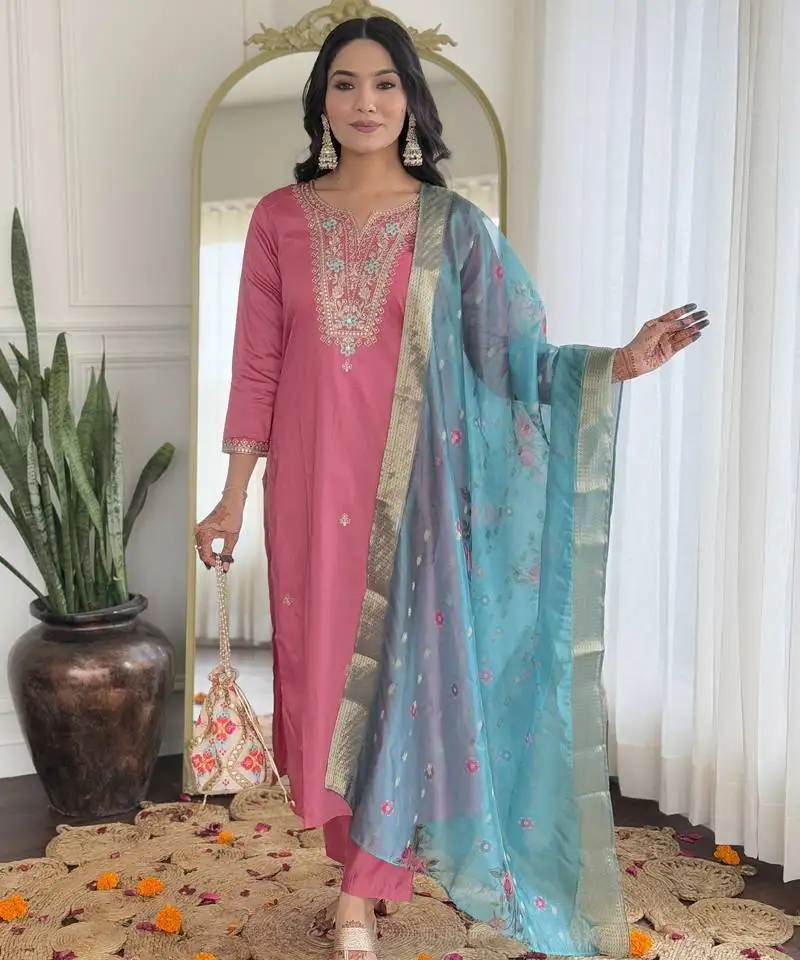 Women gorgeous embroidery work with viscose silk fabric straight kurta, pant and dupatta set