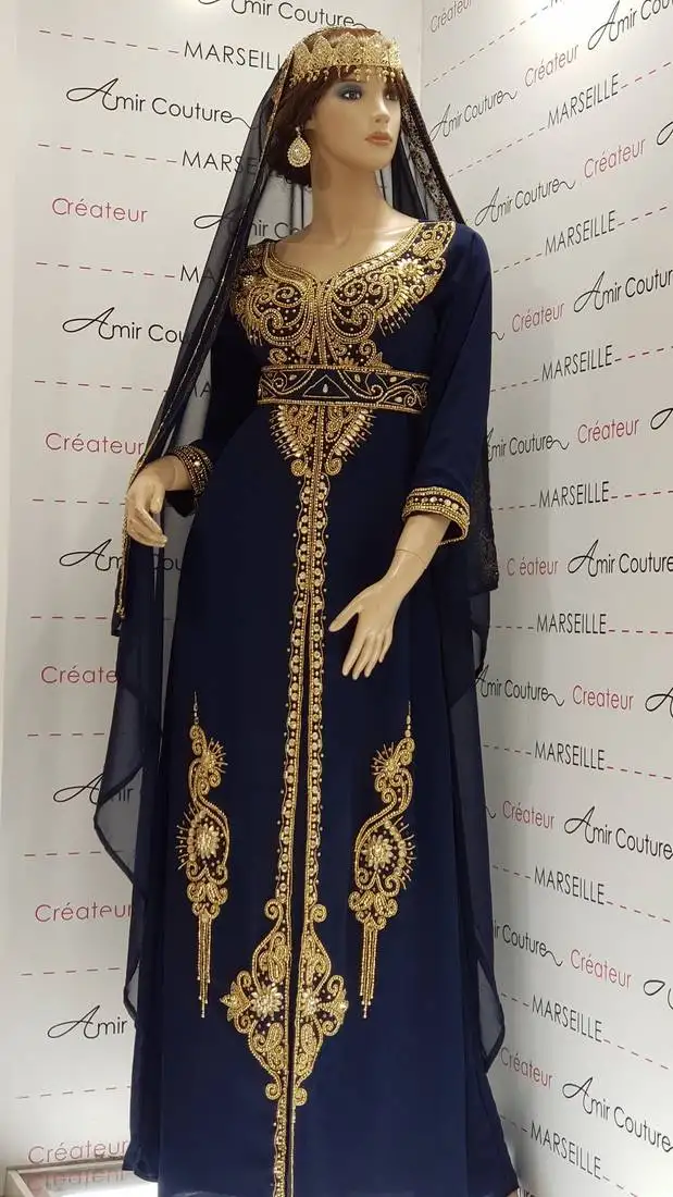 Navy blue moroccan dubai kaftans farasha abaya dress fancy long gown