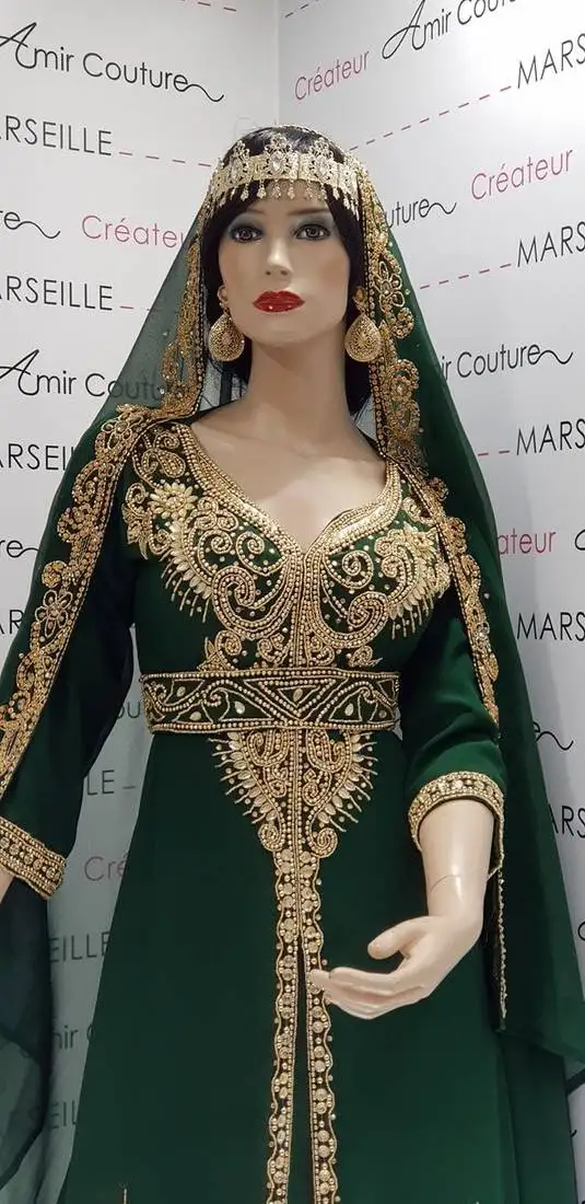 Green moroccan dubai kaftan arabic abaya dress fancy long gown