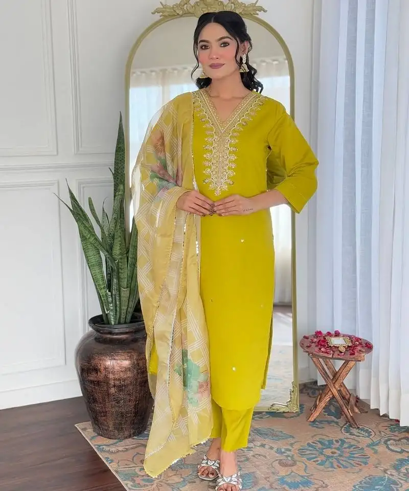 Beautiful embroidery work with viscose fabric straight kurta, pant and dupatta set