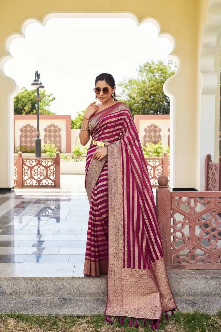 Wine zari woven banarasi soft georgette saree