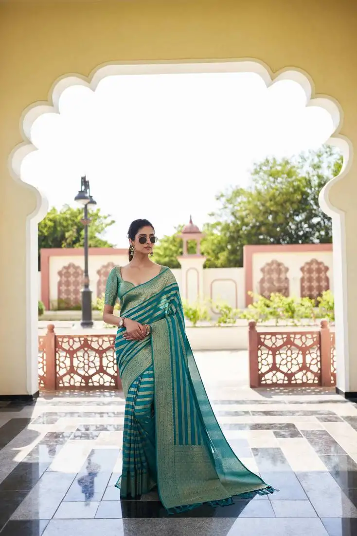 Teal blue zari woven banarasi soft georgette saree