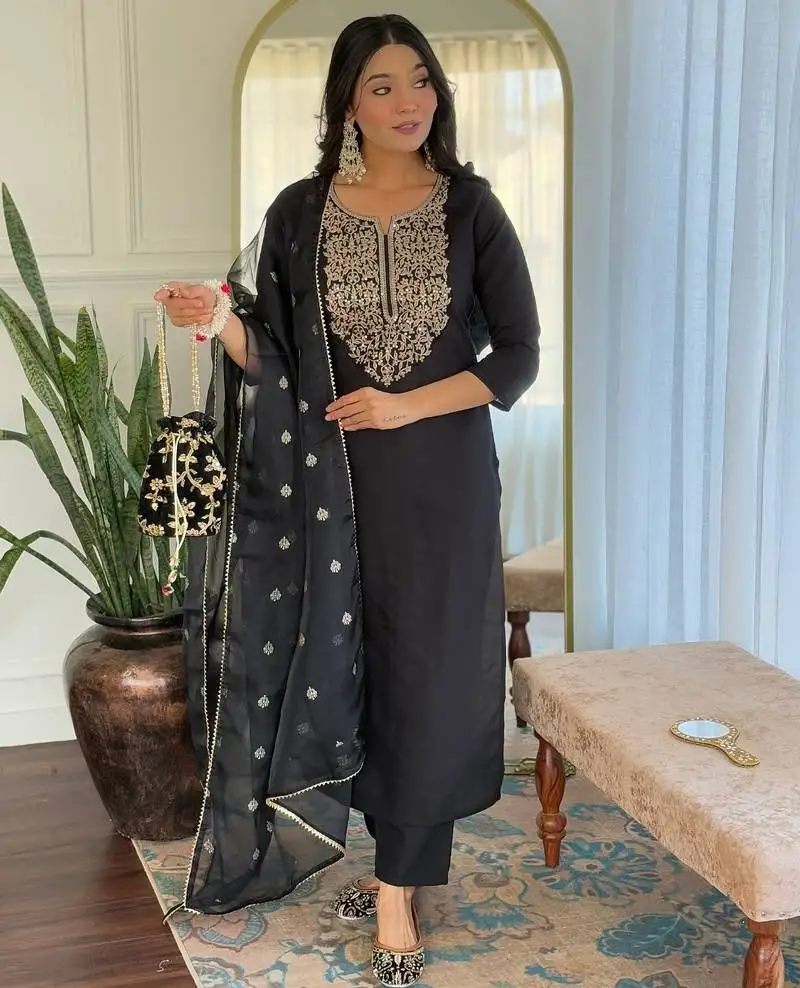 Women embroidery work with viscose fabric straight kurta, pant and dupatta set