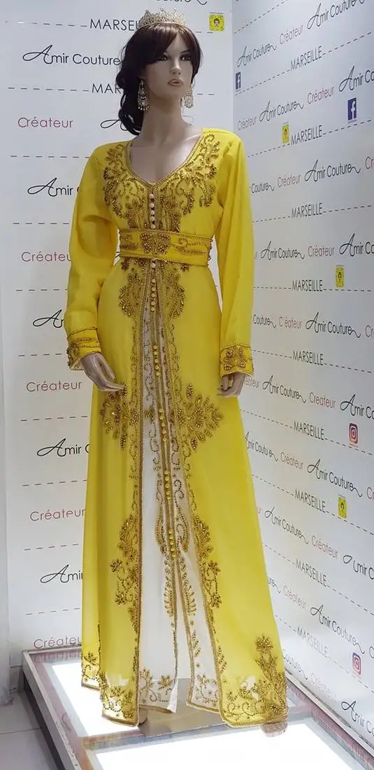 Yellow luxury bedded crystal work moroccan dubai kaftans bridesmaid dress