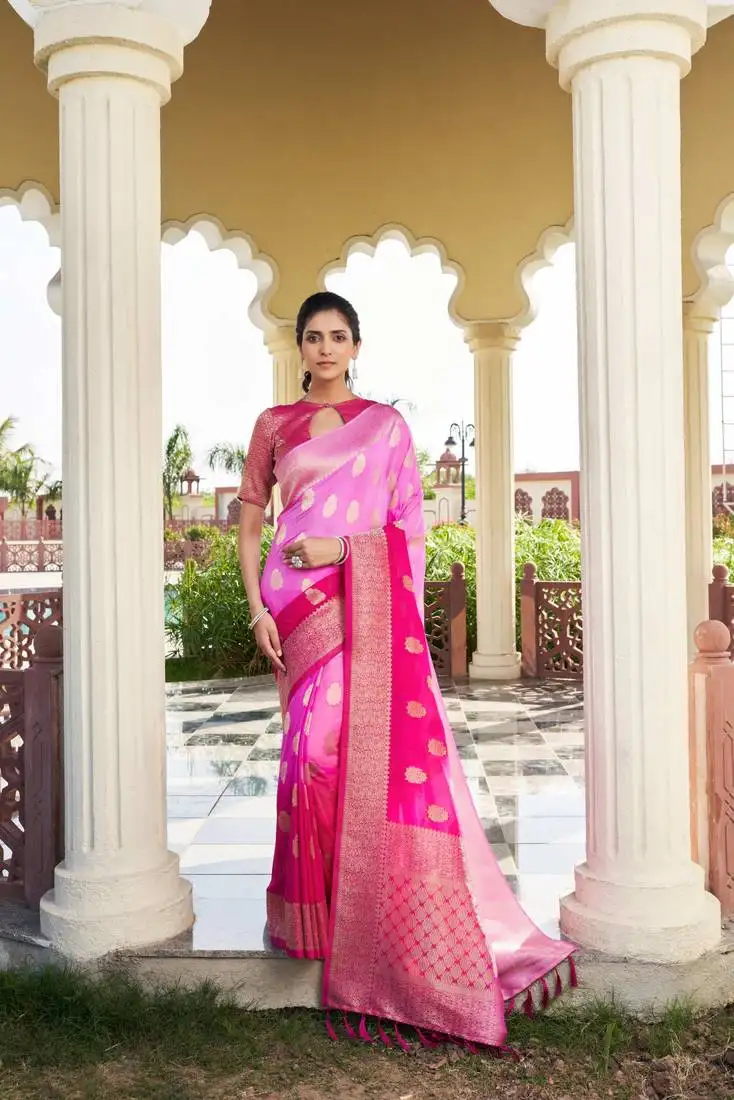 Pink feather woven gold zari banarasi soft georgette saree