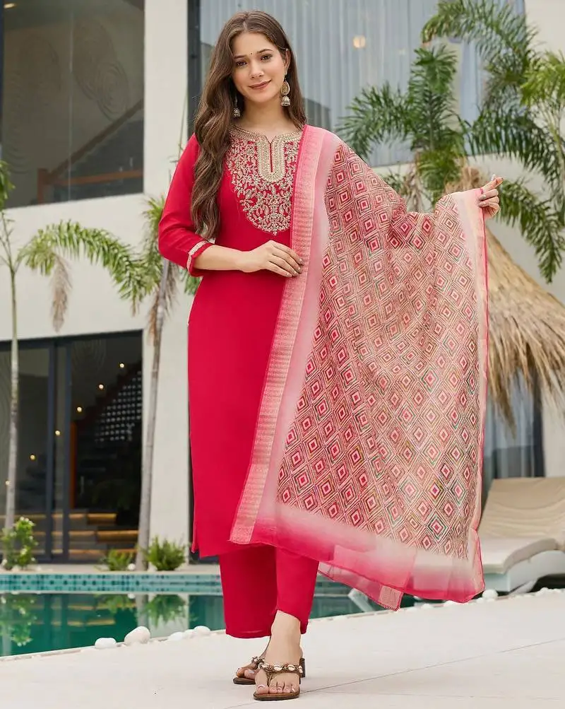 Women's beautiful rayon slub embroidery work straight kurta with pant and dupatta set