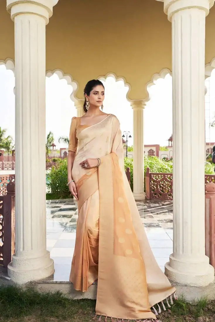 Beige woven gold zari banarasi soft georgette saree