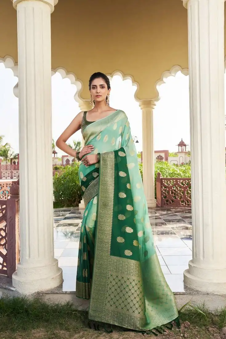 Green woven gold zari banarasi soft georgette saree