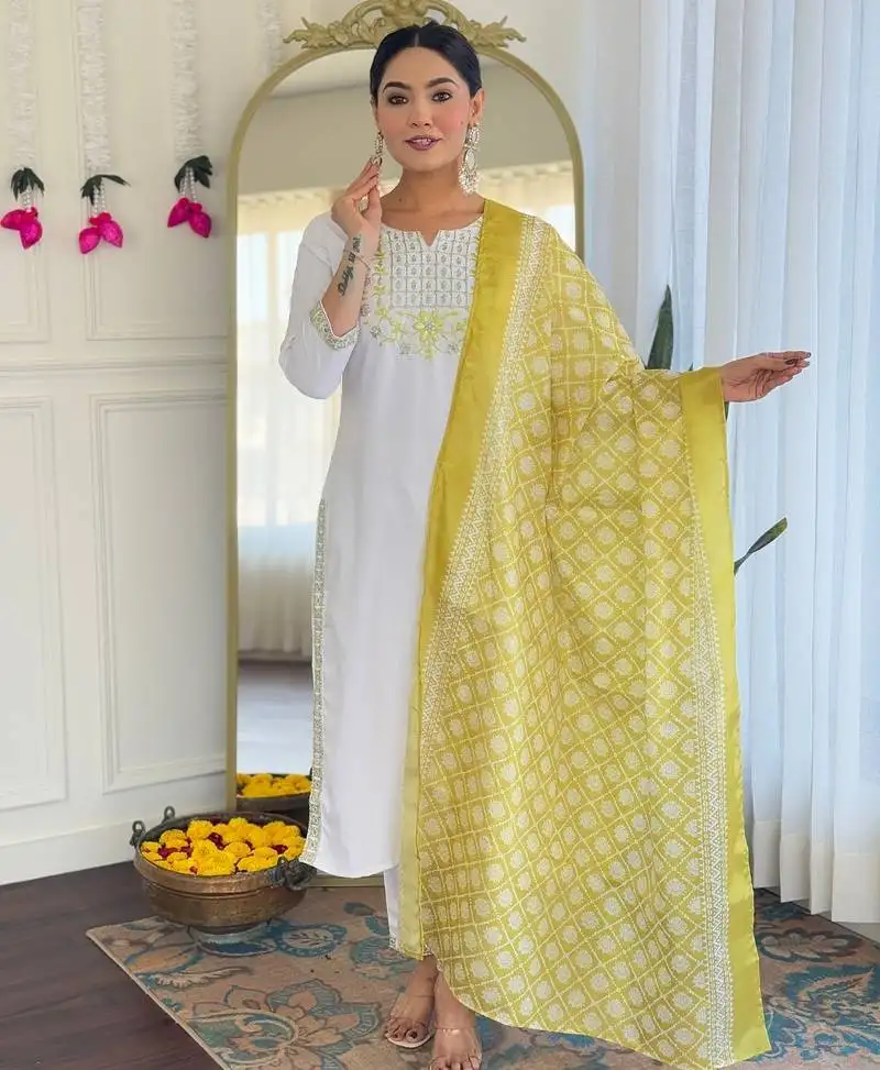 Women's beautiful viscose embroidery work straight kurta with pant and dupatta set