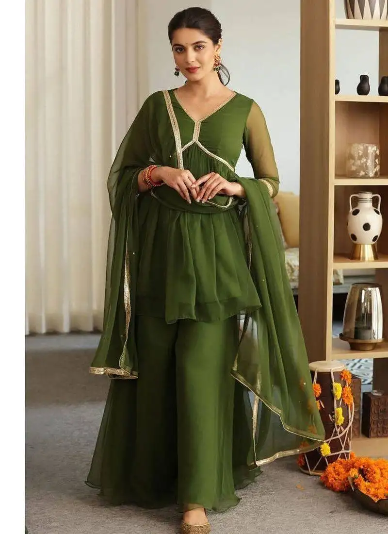 Dark green palazzo kurti set stitched