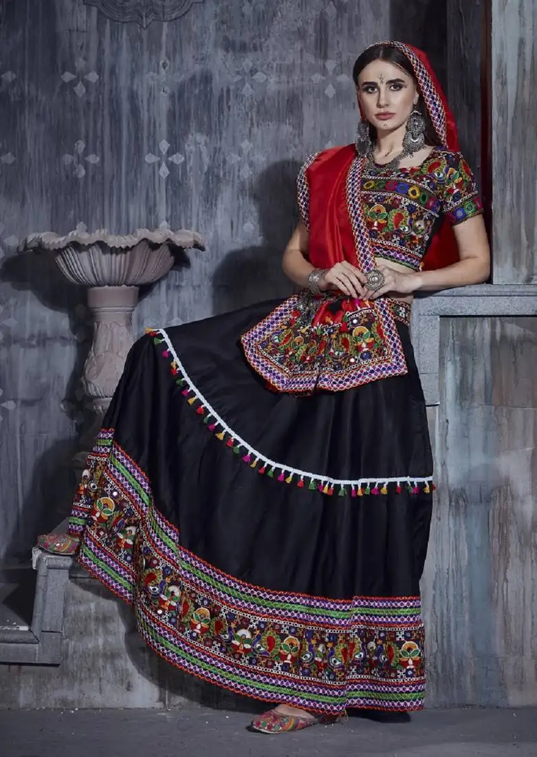 Black and red gamthi work navratri rajwadi gharga choli with traditional dupatta