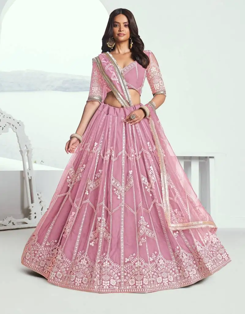 Pink embroidered party wear lehenga choli