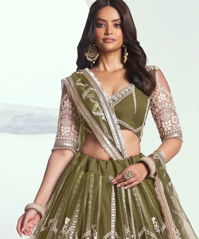 Olive green embroidered party wear lehenga choli