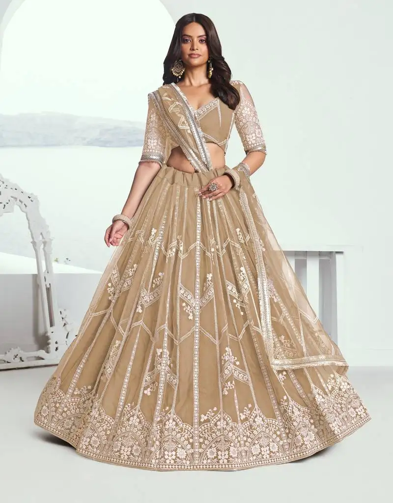 Beige embroidered party wear lehenga choli