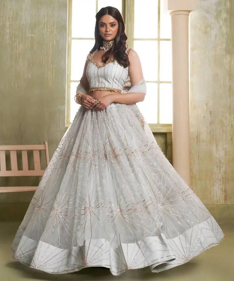 Light gray net lahenga choli with sequins and thread embroidered lehenga choli