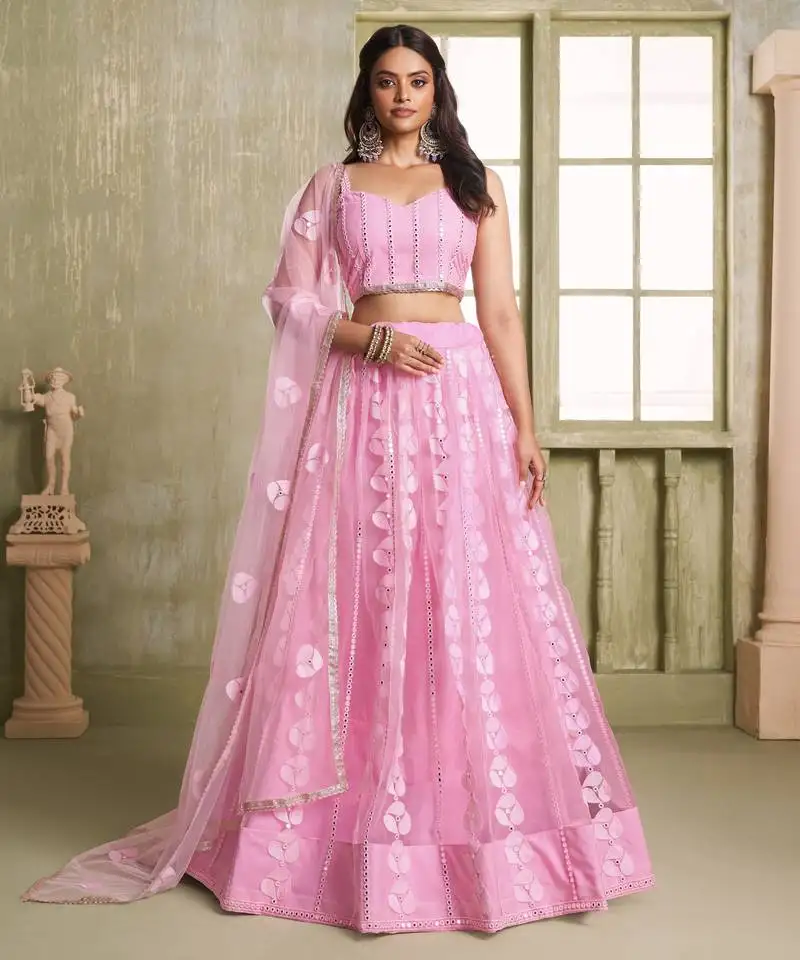 Pink net lahenga choli with sequins and thread embroidered lehenga choli