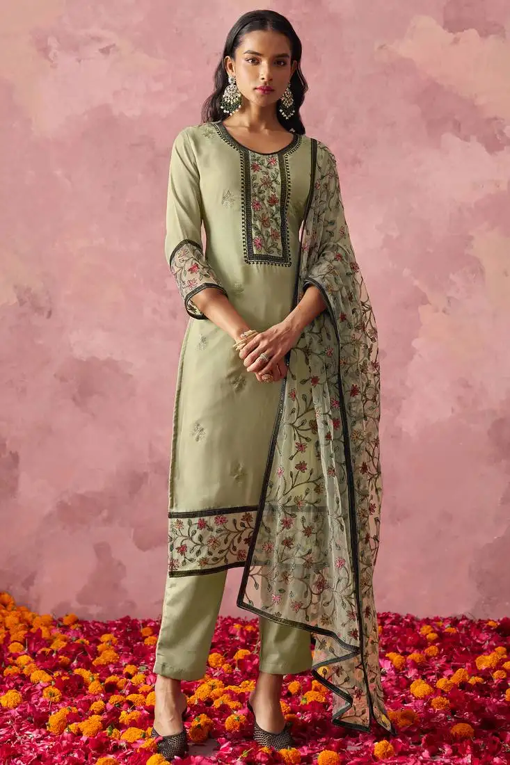 Pastel green georgette thread embroidered straight suit stitched