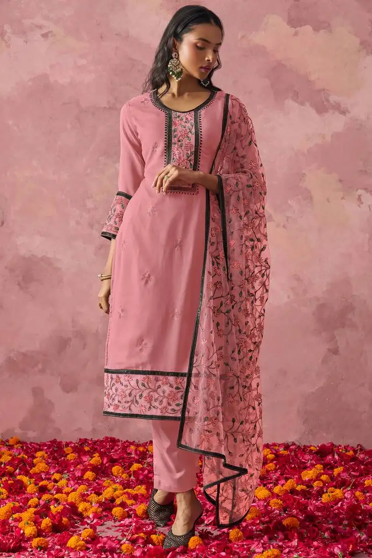 Attractive pink thread embroidery party wear pant suit stitched