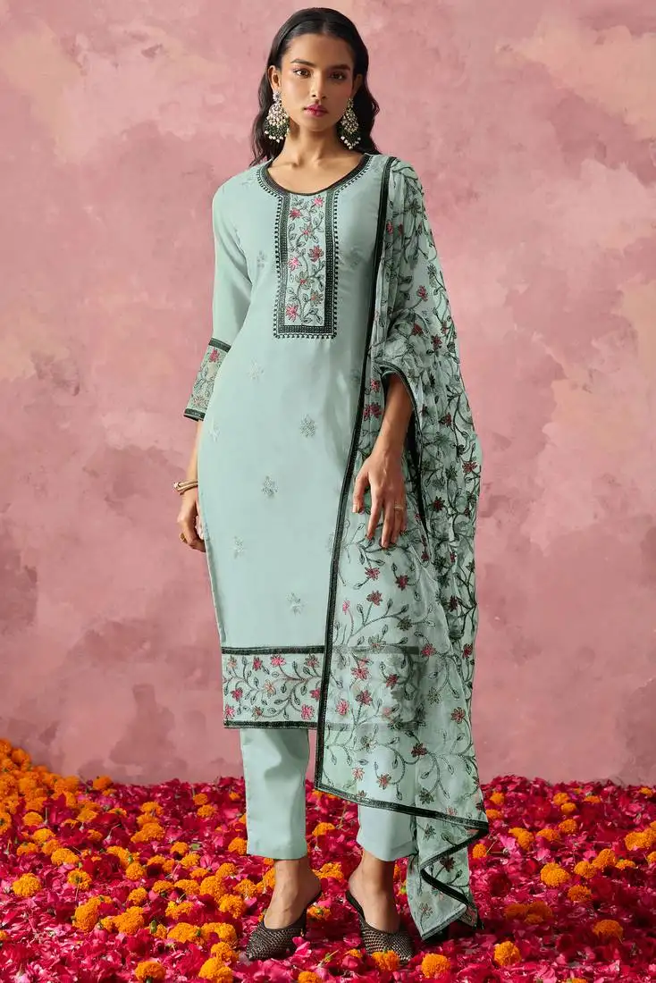 Stunning sky blue thread embroidered georgette straight suit stitched