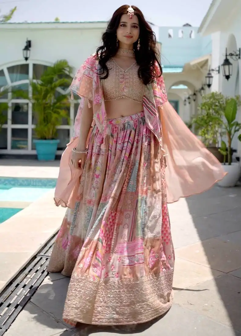 Beige digital printed with dori and zari embroidered chinnon silk bollywood lehenga