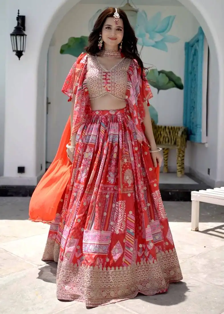 Red digital printed with dori and zari embroidered chinnon silk wedding sangeet ceremony lehenga