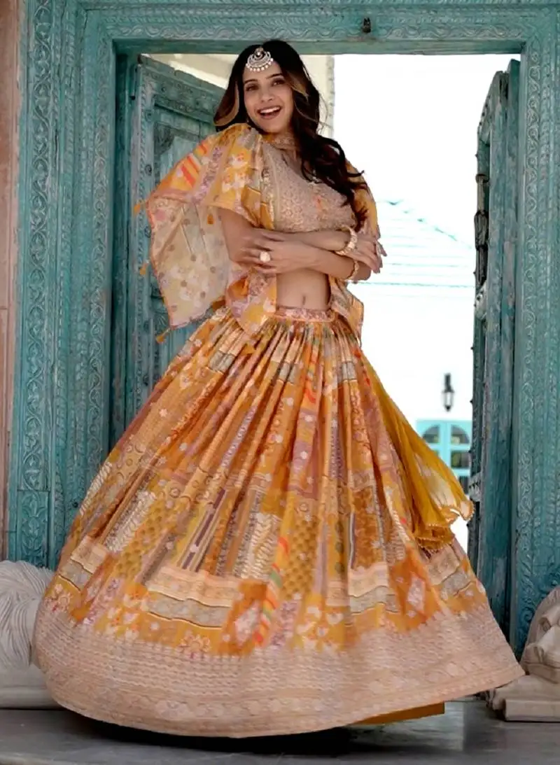 Yellow digital printed with dori and zari embroidered chinnon silk haldi lehenga