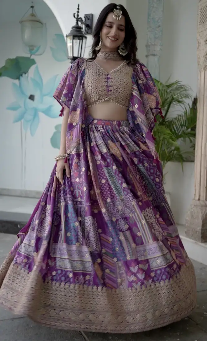 Purple digital printed with dori and zari embroidered chinnon silk reception wear lehenga