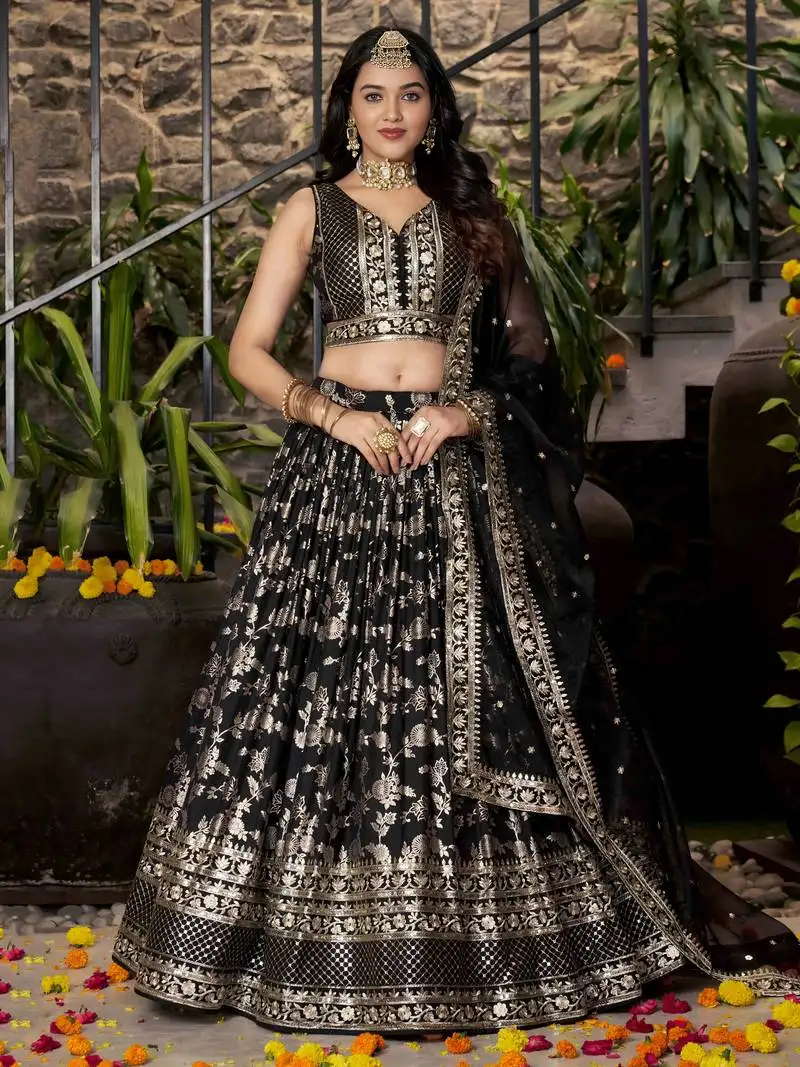 Black zari embroidery jacquard lehenga choli with dupatta