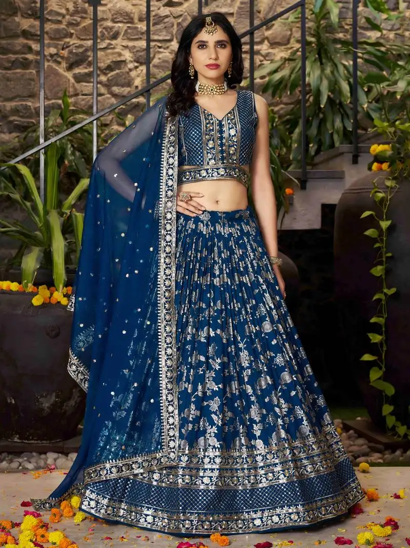 Dove blue silk embroidery zari party wear lehenga choli
