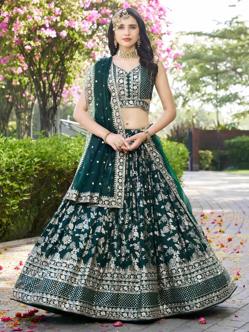 Green ceremonial wear zari embroidery lehenga choli with dupatta