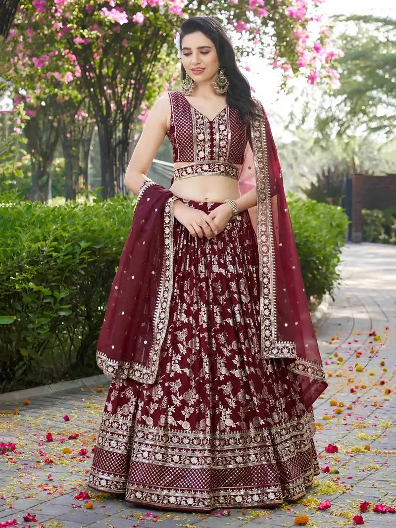 Maroon zari work silk bridesmaids lehenga choli with dupatta