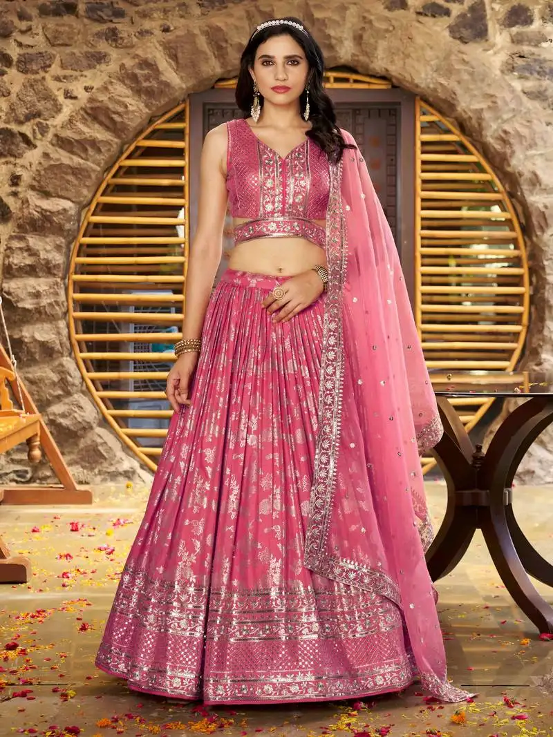 Peach zari silk ceremonial wear lehenga choli with dupatta