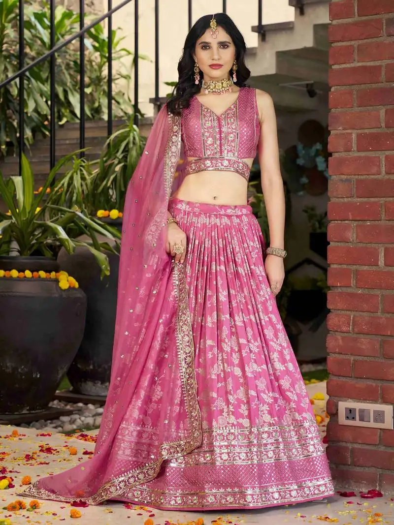 Pink party wear silk zari lehenga choli with dupatta