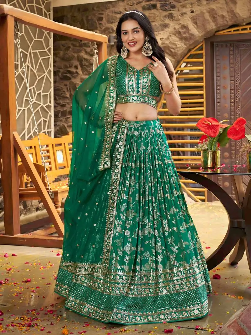 Rama green mehendi wear golden zari lehenga choli
