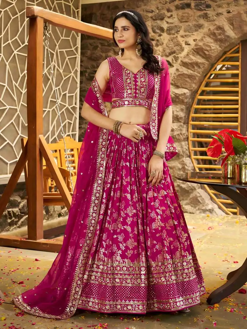 Rani zari embroidery silk lehenga choli with dupatta