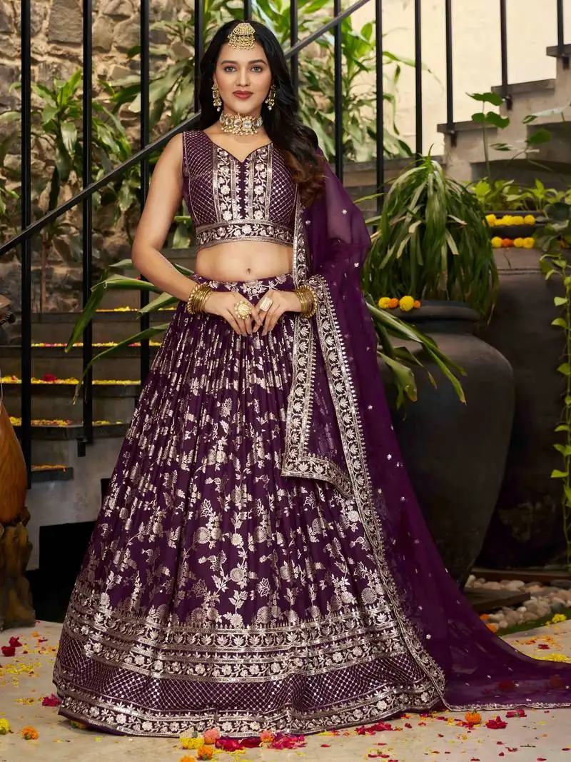 Wine silk thread embroidery party wear lehenga choli