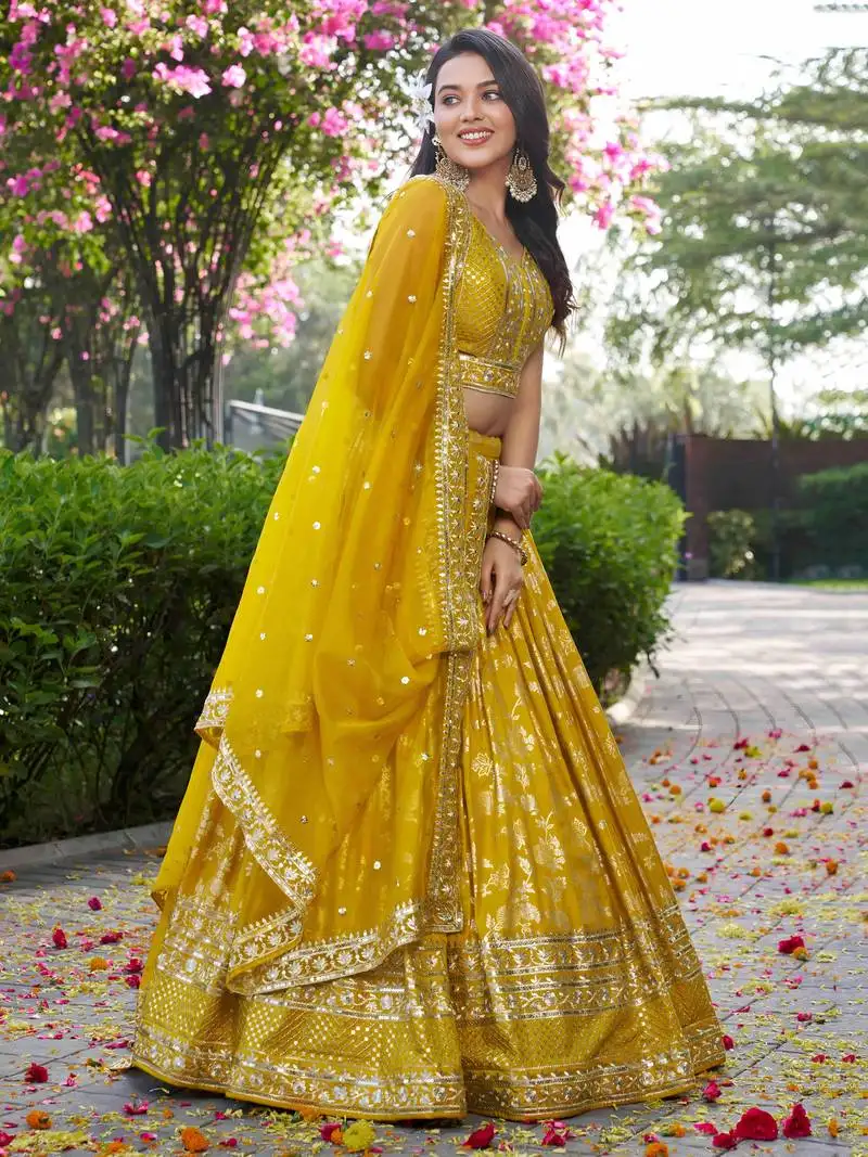 Gorgeous yellow embroidery with zari and sequins dola silk jacquard indian designer wedding party wear lehenga