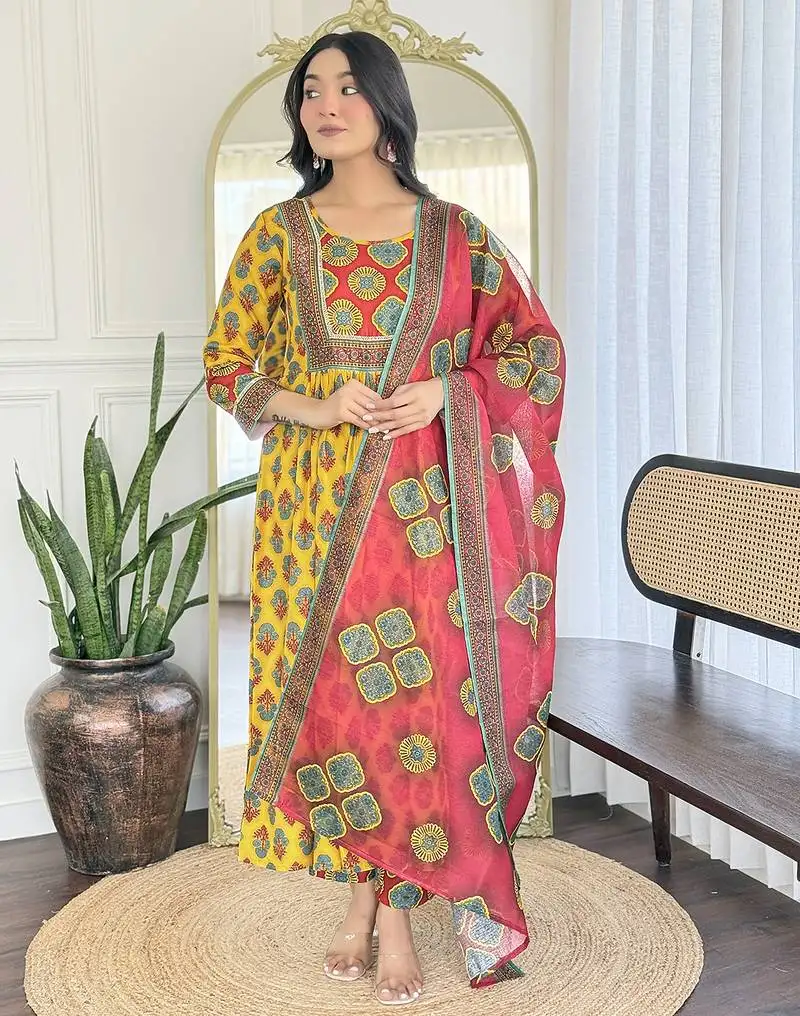 Yellow rayon printed flared kurta with pant and dupatta set