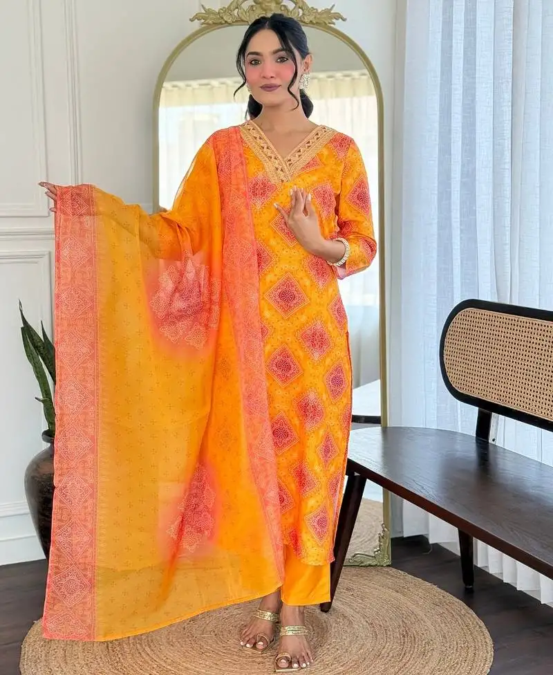 Women's beautiful rayon embroidery work straight kurta with pant and dupatta set