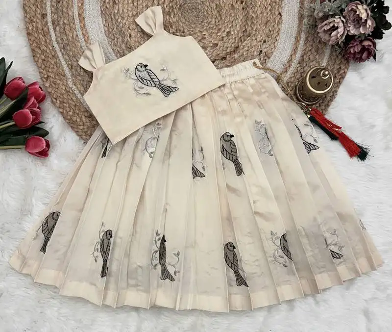 Kids cream new south indian traditional pattu pavadai jacquard lehenga choli for girls dress