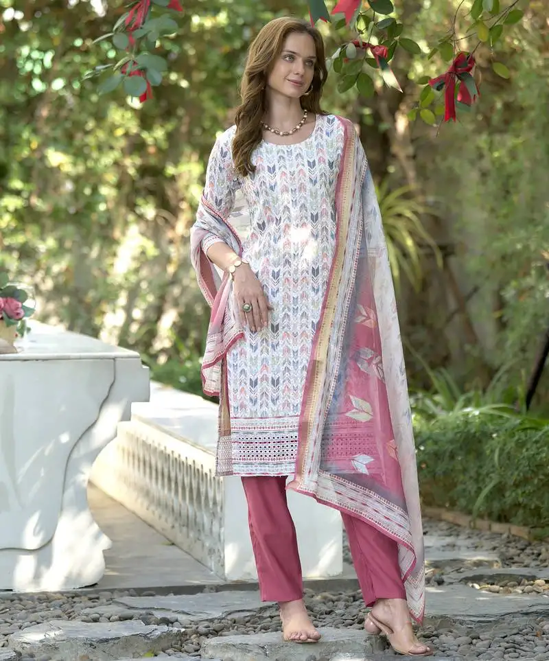 Women's beautiful cotton chikankari work straight kurta with pant and dupatta set